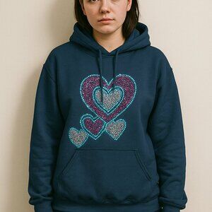 Women’s XL Handmade Hoodie with Rhinestone Hearts – Navy Blue Sparkle